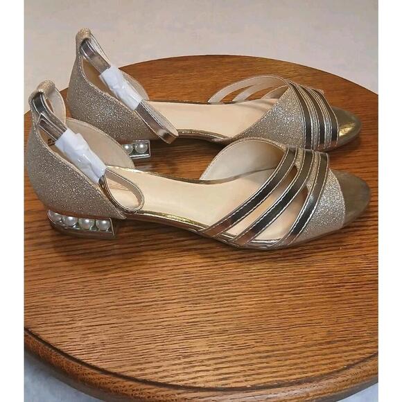 Dunion CZXR Metallic Rose Gold Sandals Faux Pearl inserts 1" heels open toe Sz 8 - Picture 1 of 8
